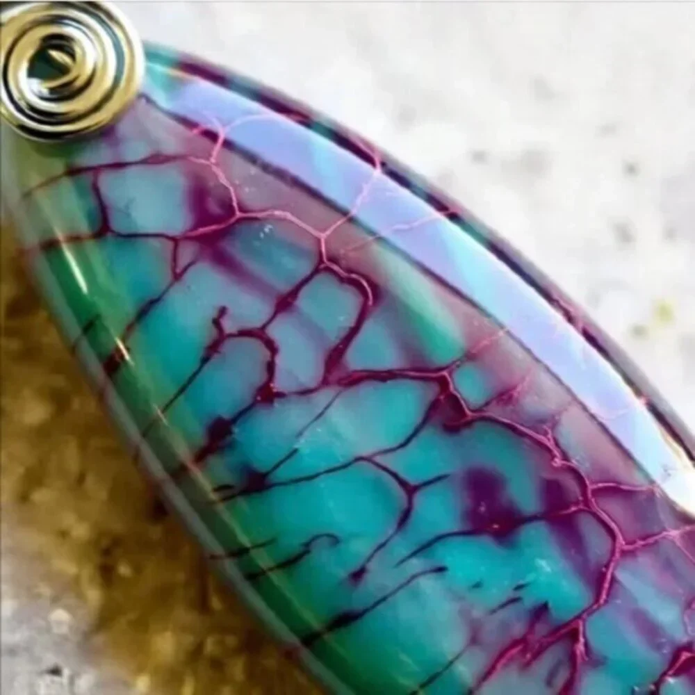 STUNNING COLOR! OOAK Teal Pink Orchid Purple Veined Agate Teardrop Pendant